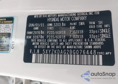 2011 Hyundai Santa Fe Limited V6 из США, поврежденный, VIN 5XYZKDAG2BG076448